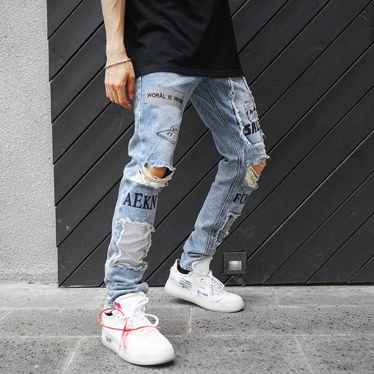Knee Hole Patch Cloth Jeans For Men