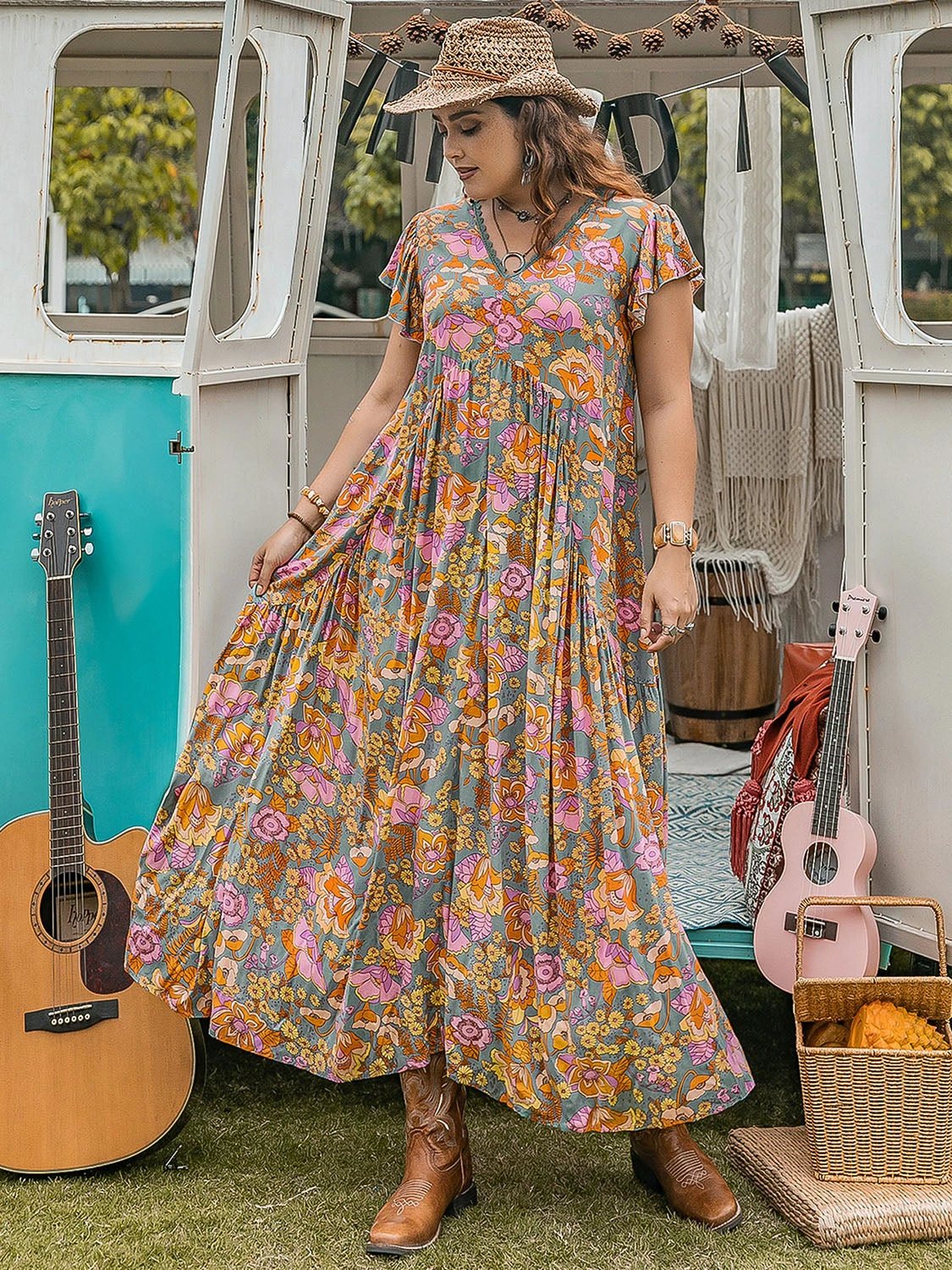 Plus Size Ruffled Printed Cap Sleeve Dress by Lady Ros