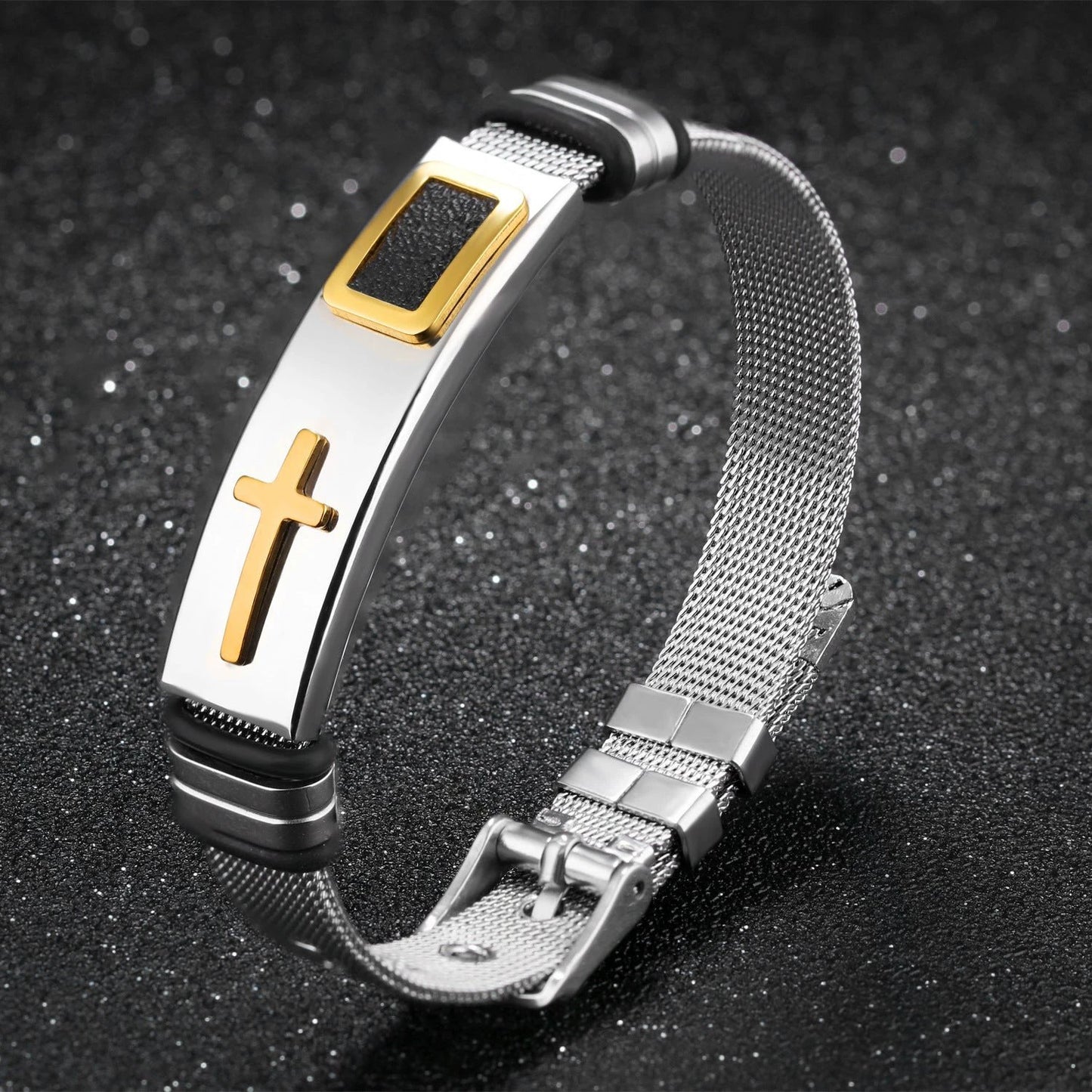 Steel Mesh Cross Titanium Men't Bracelet by GJG Denim