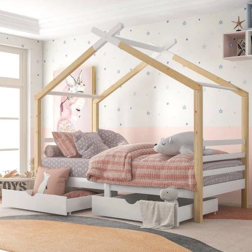 Kids Single Bed Frames Toddler Beds Storage Underneath 3FT Single Bed With Storage Solid Pine Wood House Tree Canopy Bed For Children Girls And Boys Toddler Bed Wood by GJG Denim