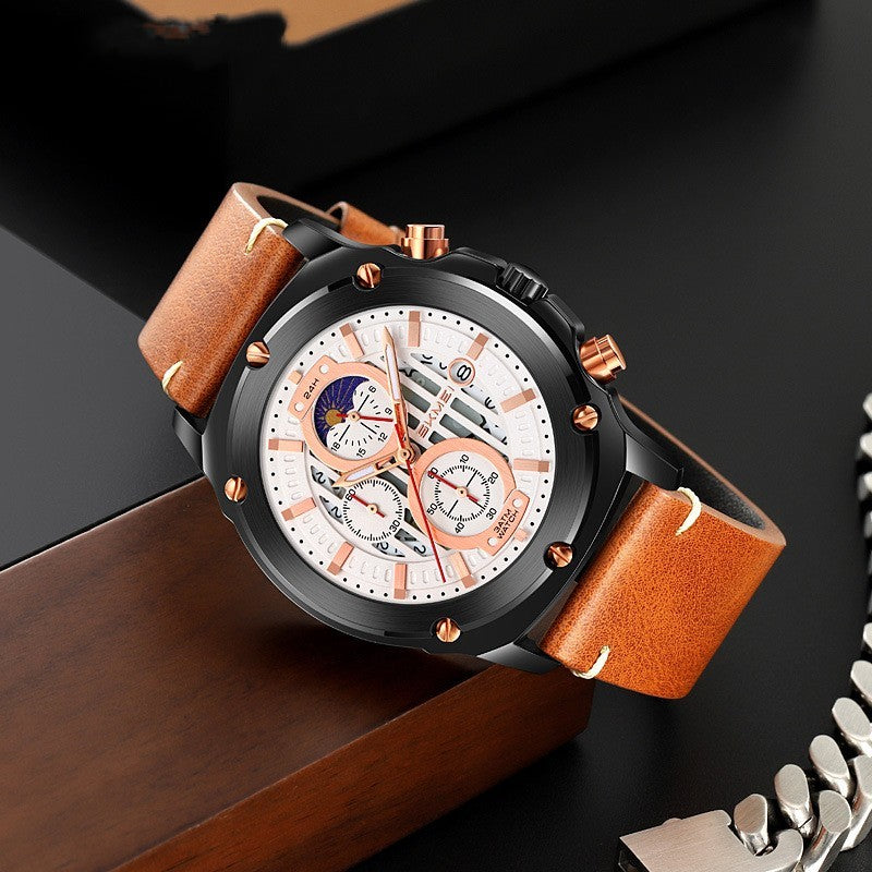 Men's Fashion Trend Leather-belt Three Eyes And Six Needles Quartz Watch