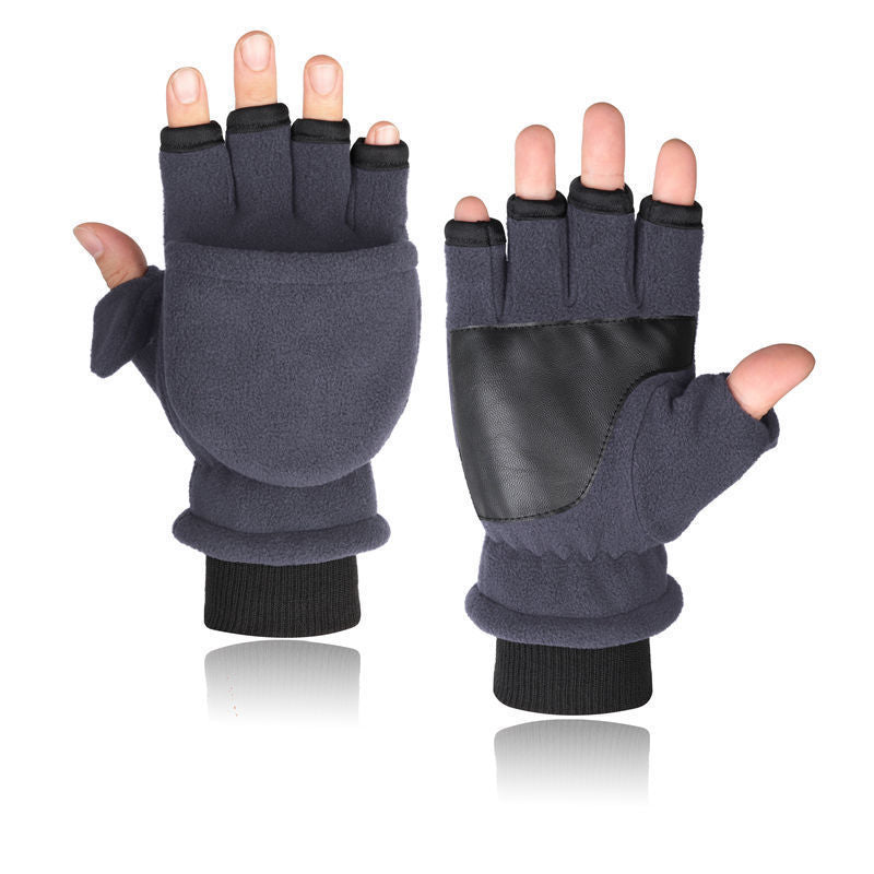 Men's Double-layer Velvet Flip Touch Screen Half Finger Gloves