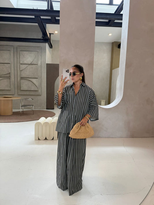 Casual Striped Shirt Wide Leg Pants Suit