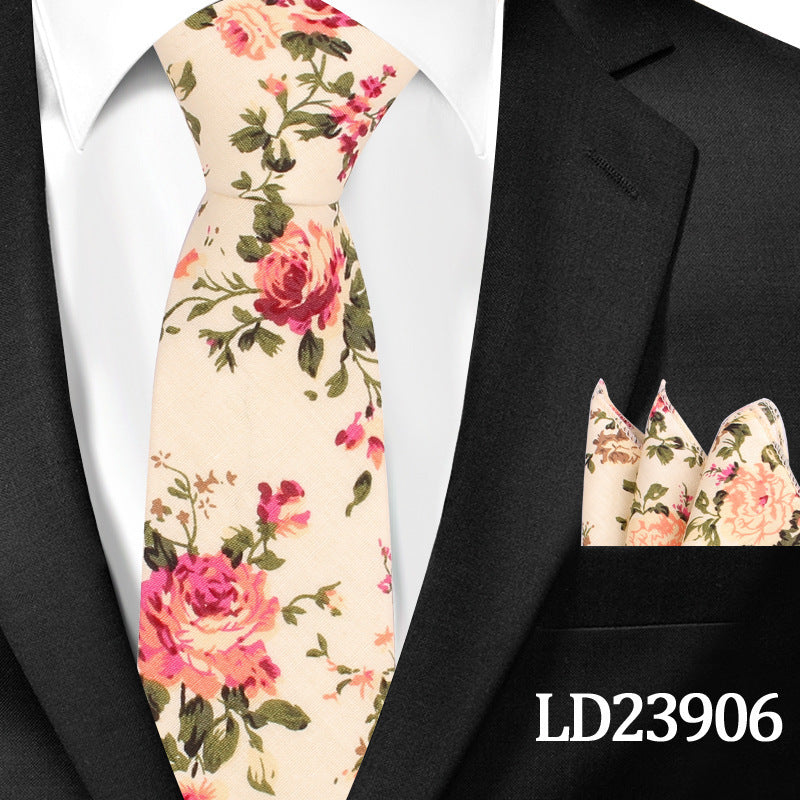 Men's Casual Cotton Floral Print 6cm Tie and Pocket Square