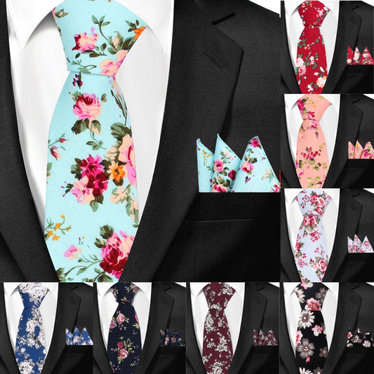 Men's Casual Cotton Floral Print 6cm Tie and Pocket Square