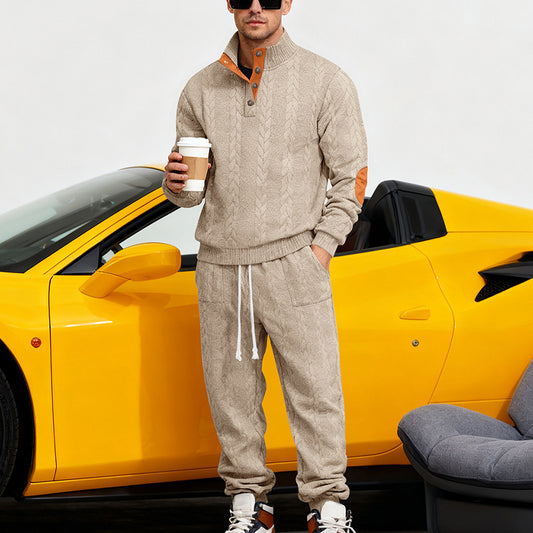 Men's Loose Stand Collar Henley Sweatshirt Casual Pants Set