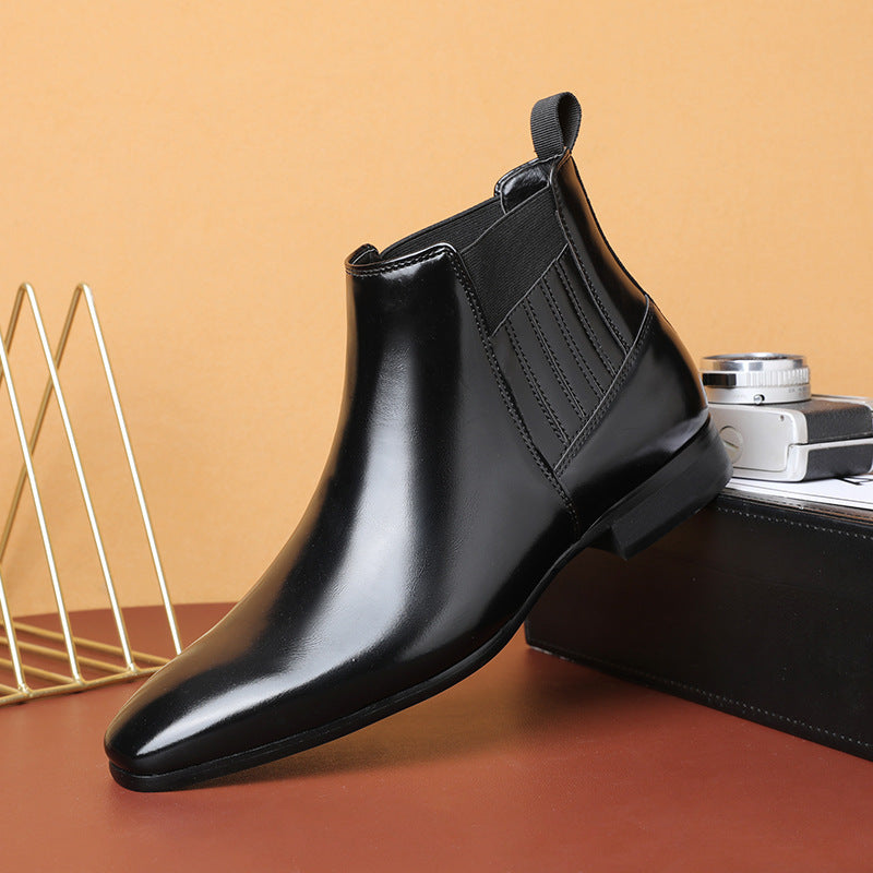Men's Pointed Toe Chelsea-style Boots Square Heel Business Formal Leather Shoes