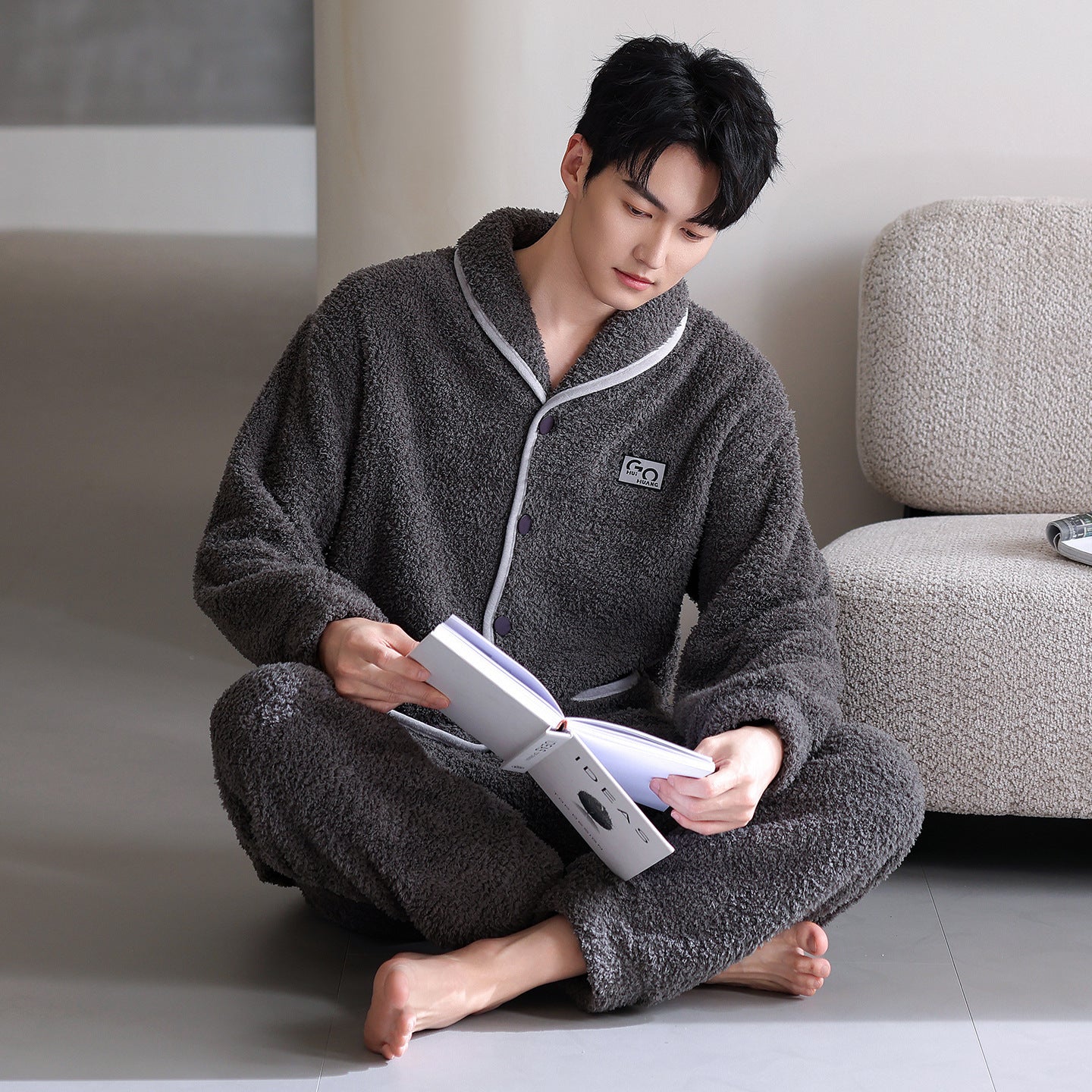 Men's Flannel Thick Warm Long Sleeves Fleece Pajama Set
