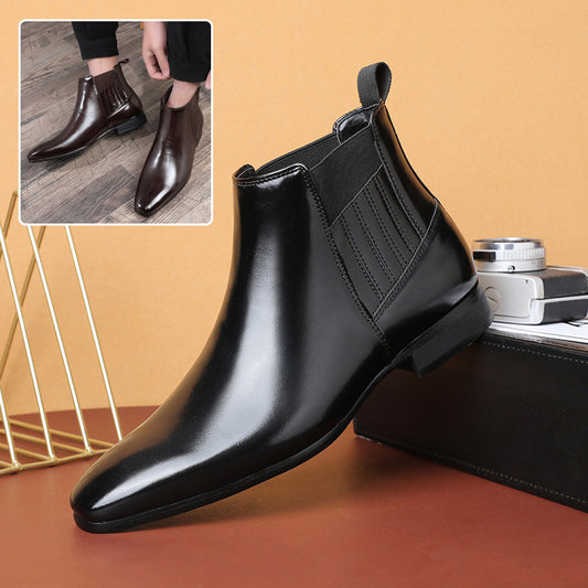 Men's Pointed Toe Chelsea-style Boots Square Heel Business Formal Leather Shoes