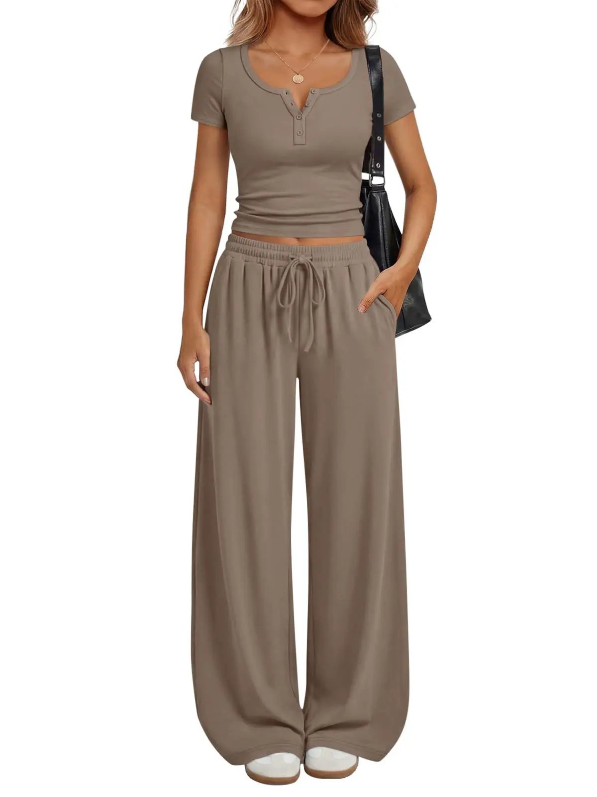 Women's Loungewear Short-Sleeve Top And Wide-Leg Pants Set by GJG Denim