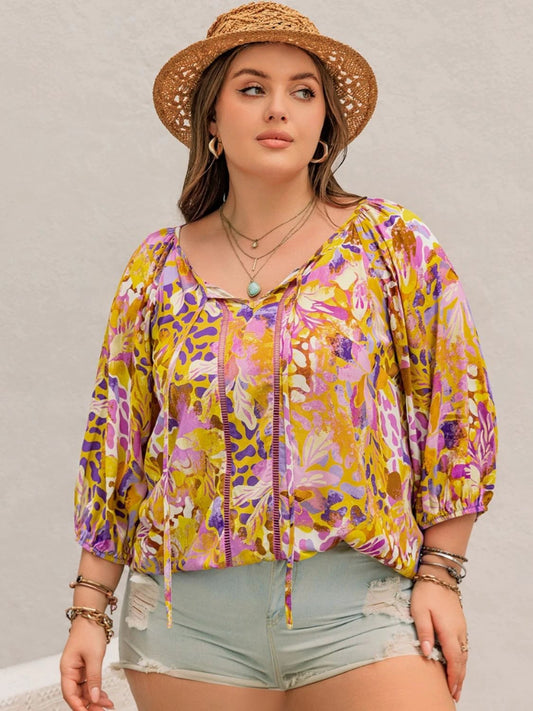 Plus Size Printed Tie Neck Blouse by Lady Ros