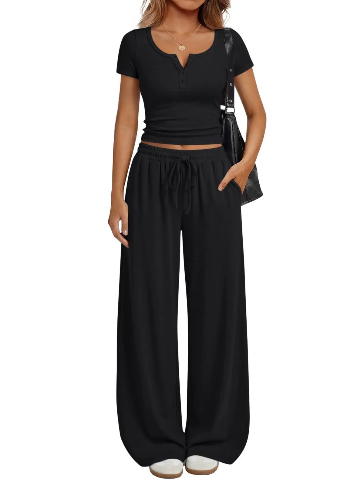 Women's Loungewear Short-Sleeve Top And Wide-Leg Pants Set by GJG Denim