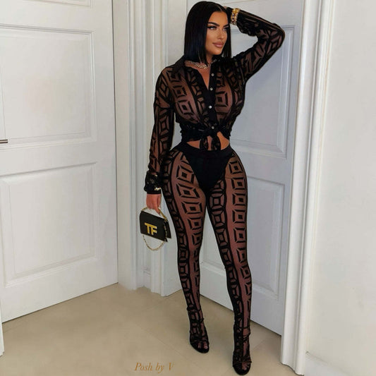 Printed Mesh See-through Shirt Pants Suit