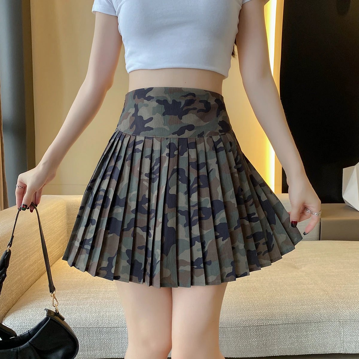 Camouflage All-Match Mid-Rise Pleated A-Line Skirt by GJG Denim