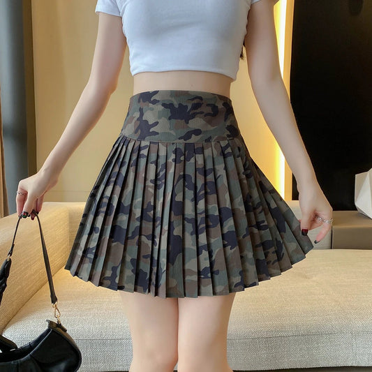 Camouflage All-Match Mid-Rise Pleated A-Line Skirt by GJG Denim