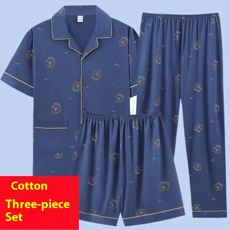 Men's Pajamas Cotton Short Sleeve Trousers Three-piece Set