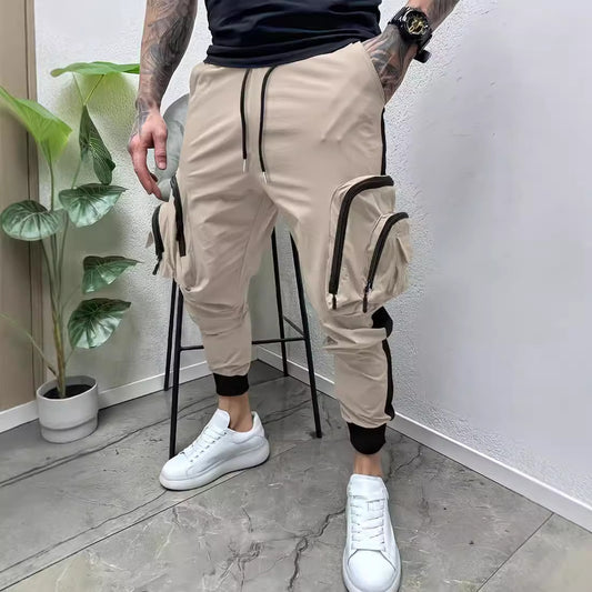 Casual Zipper Multi-pocket Color Matching Tapered Pants For Men