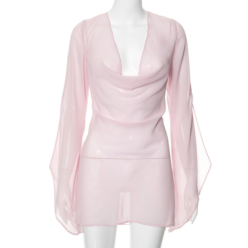 Women's Sheer Long Sleeve Backless Dress