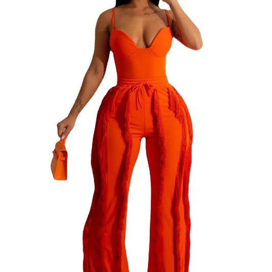 Solid Color Tassel Two-piece Suit