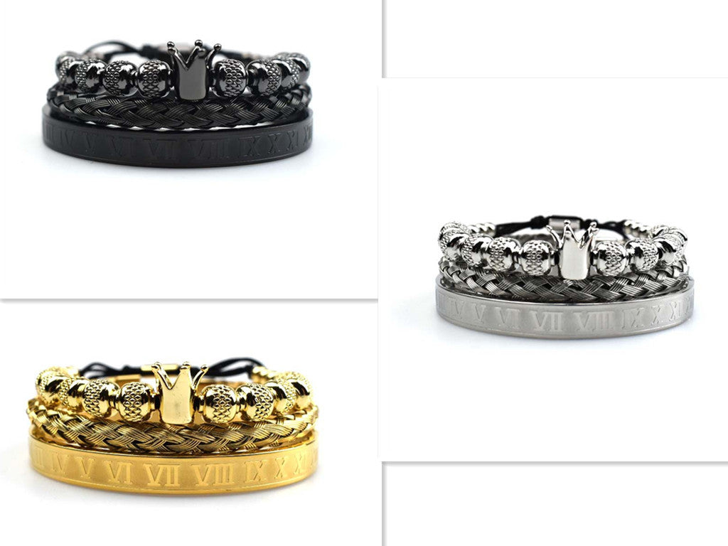 Men's Roman Royal Crown Charm Stainless Steel Adjustable Bracelet