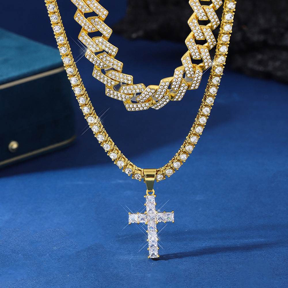 Men's Zircon Cross Pendant Cuban Chain Iced Out Paved Rhinestones Bling Necklaces