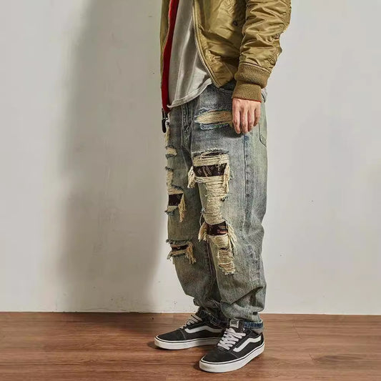Men's Loose Straight Tapered Distressed Broken Holes Jeans