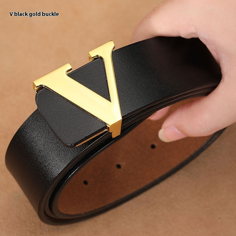 Men's  Retro Smooth Genuine Leather Pure Cowhide Letter V Belts