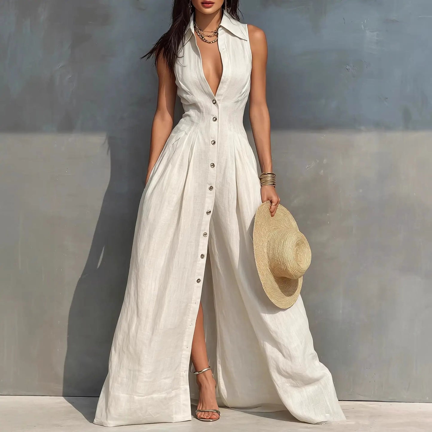 High-waisted Lapel Shirt-style Maxi Dress by GJG Denim
