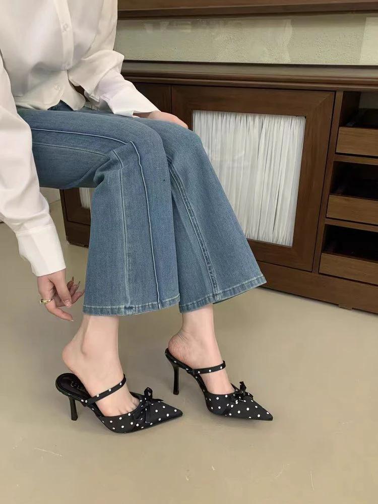2026 Summer New Women's Polka Dot Pointed Toe High Heels, Bow Backless Mule Sandals, Slim Heel Closed Toe Slide Sandals For Women by GJG Denim