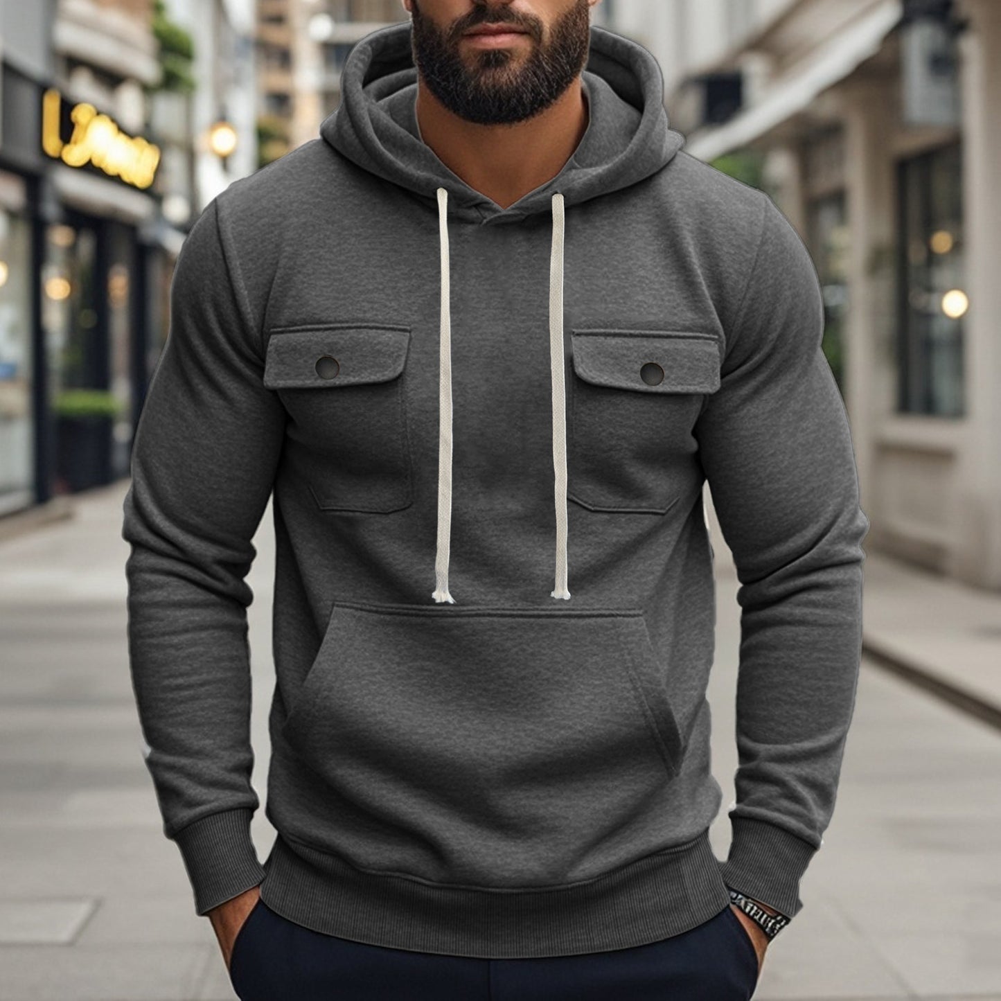 Men's  Multi-pocket Long Sleeve Solid Color Hoodies