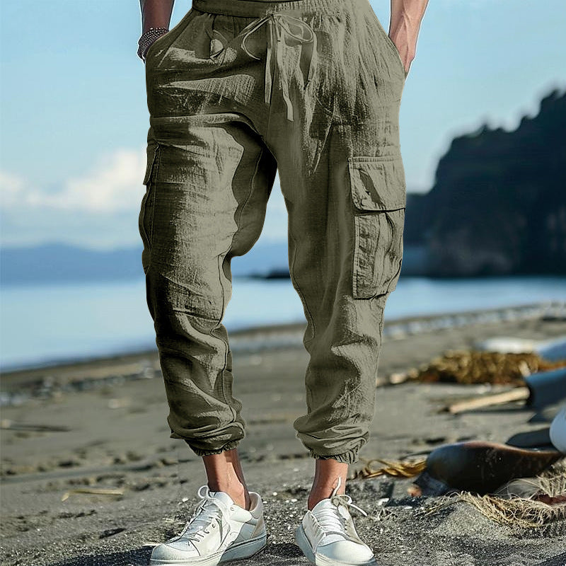 Men's Casual Ankle-tied Multi-pocket Tether Solid Color Loose Pants