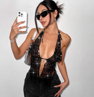Halterneck With Suspenders Top Sequined Lace-up Tight Vest