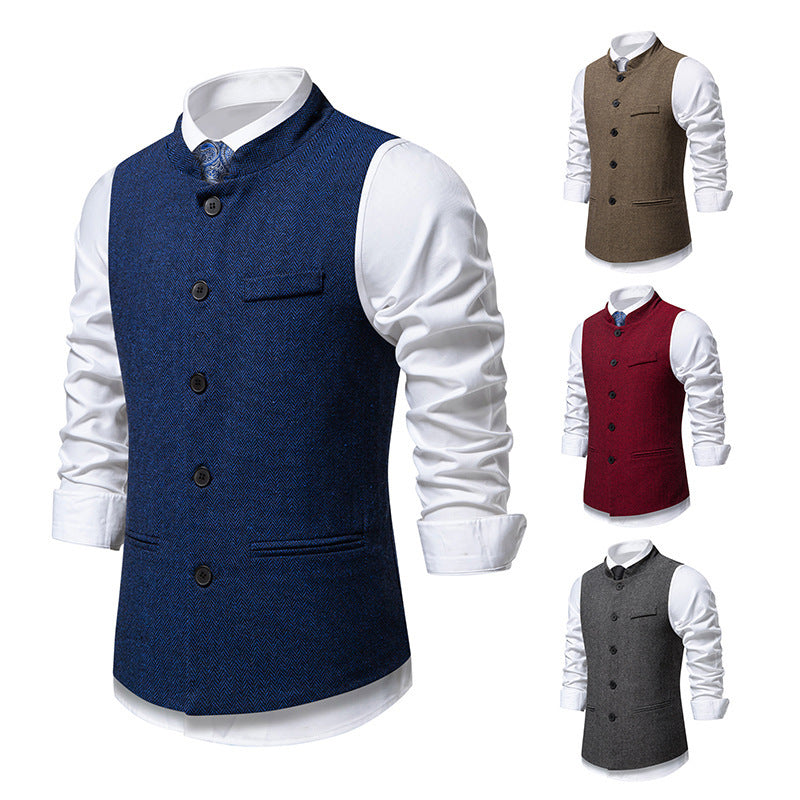 Men's Retro Stand Collar Herringbone Solid Color Suit Vest