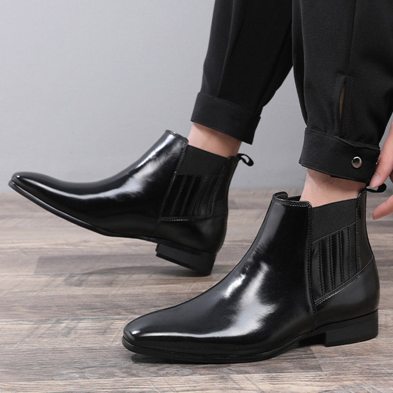 Men's Pointed Toe Chelsea-style Boots Square Heel Business Formal Leather Shoes