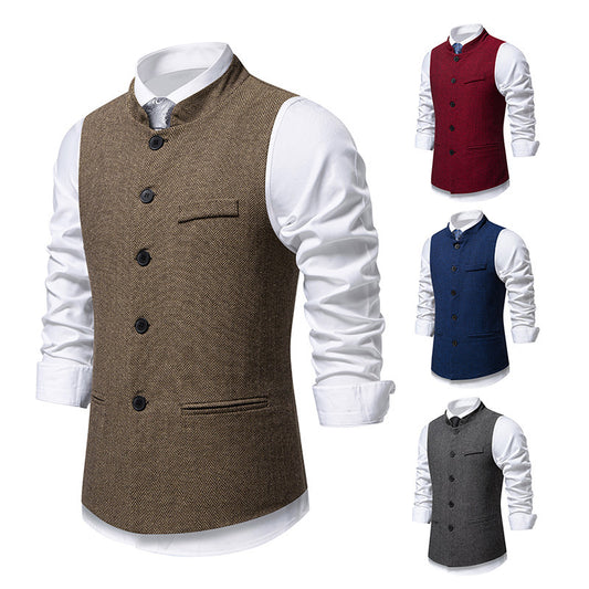 Men's Retro Stand Collar Herringbone Solid Color Suit Vest