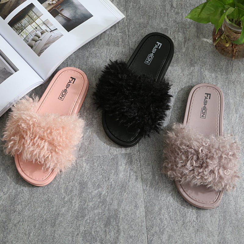 New Style Slippers female slippers fashion outside wear Maomao shoes ladies faux animal hair cool slippers
