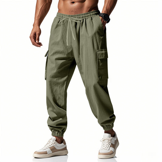 Men's Casual Ankle-tied Multi-pocket Tether Solid Color Loose Pants