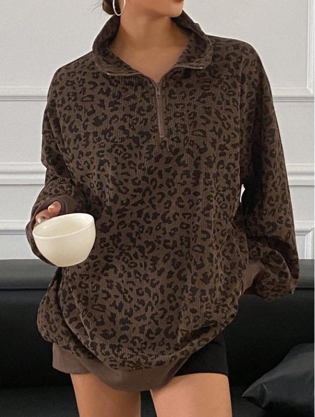 Casual Leopard Print Pattern Corduroy Zipper Sweater