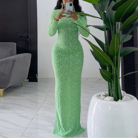 Round Neck Long Sleeve Flocking Slim Fit European And American Style Dress Women