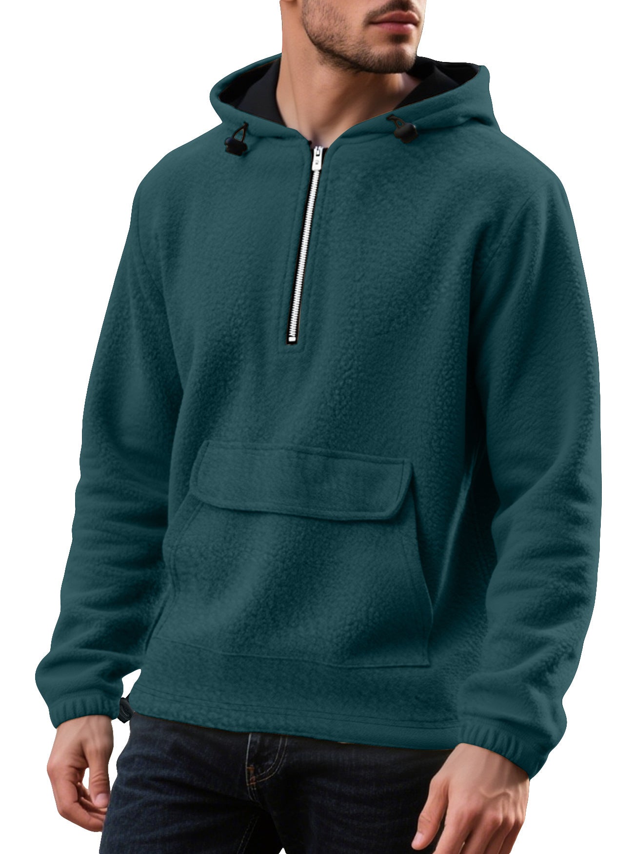 Men's Padded Fleece Solid Color Half Zip Hooded Pullover Sweater