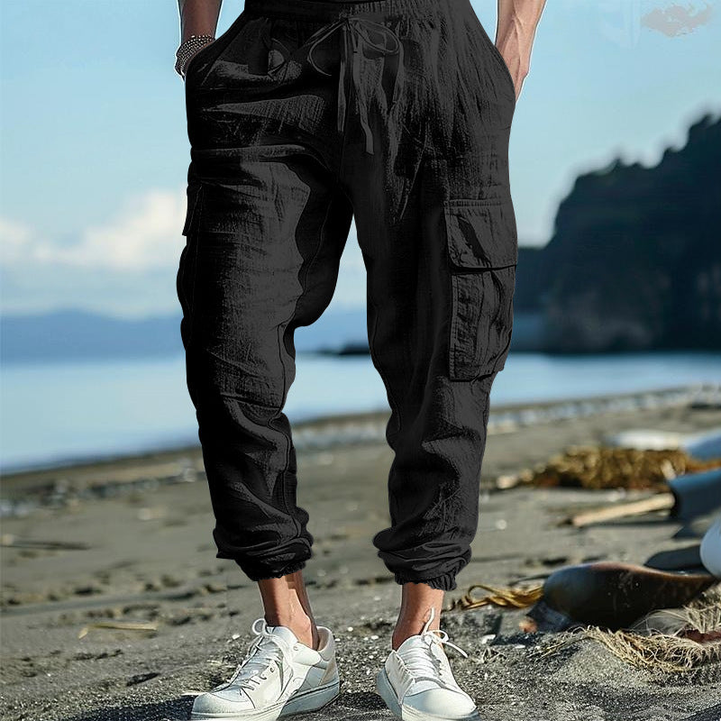 Men's Casual Ankle-tied Multi-pocket Tether Solid Color Loose Pants