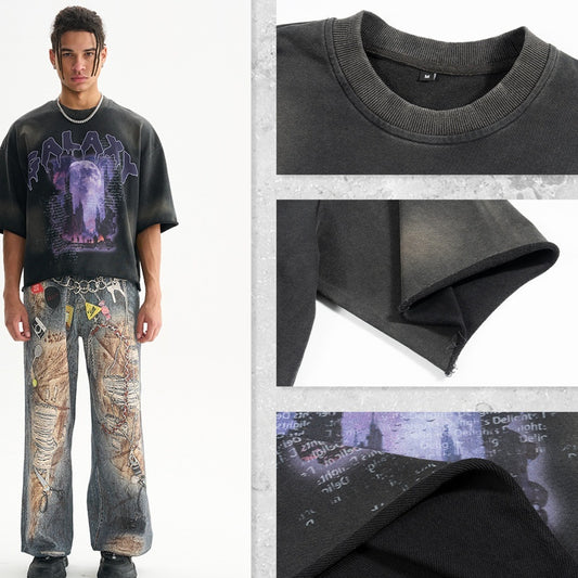 Terry Distressed T-shirt Men's High Street Loose Edge Washed-out Vintage