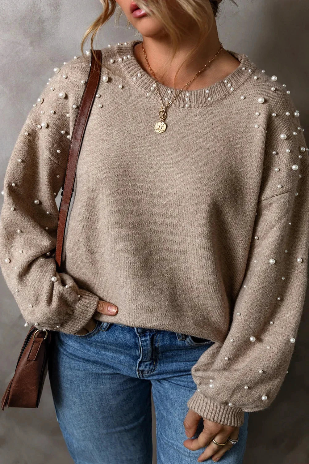 Plus Size Pearl Detail Round Neck Long Sleeve Sweater by Lady Ros