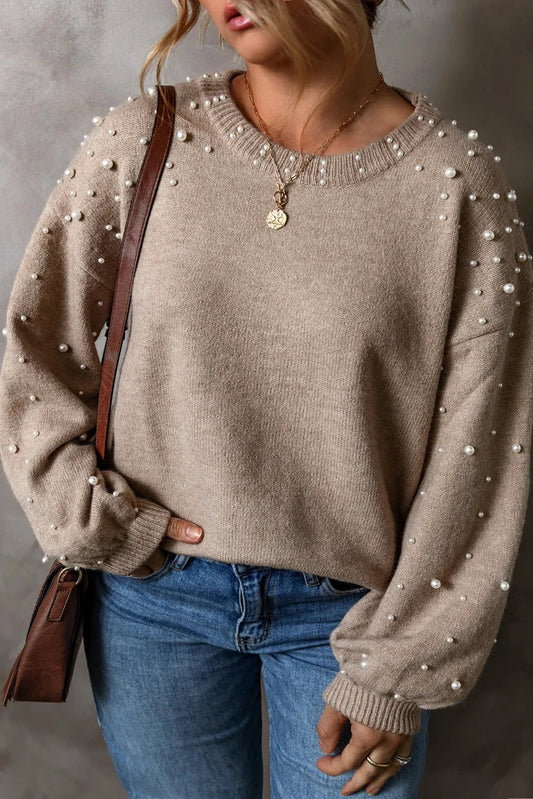 Plus Size Pearl Detail Round Neck Long Sleeve Sweater by Lady Ros