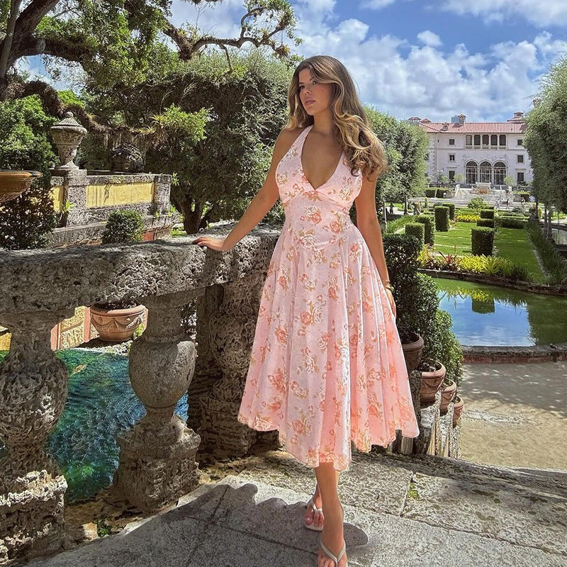 Floral Print Halter A- Line Dress Women