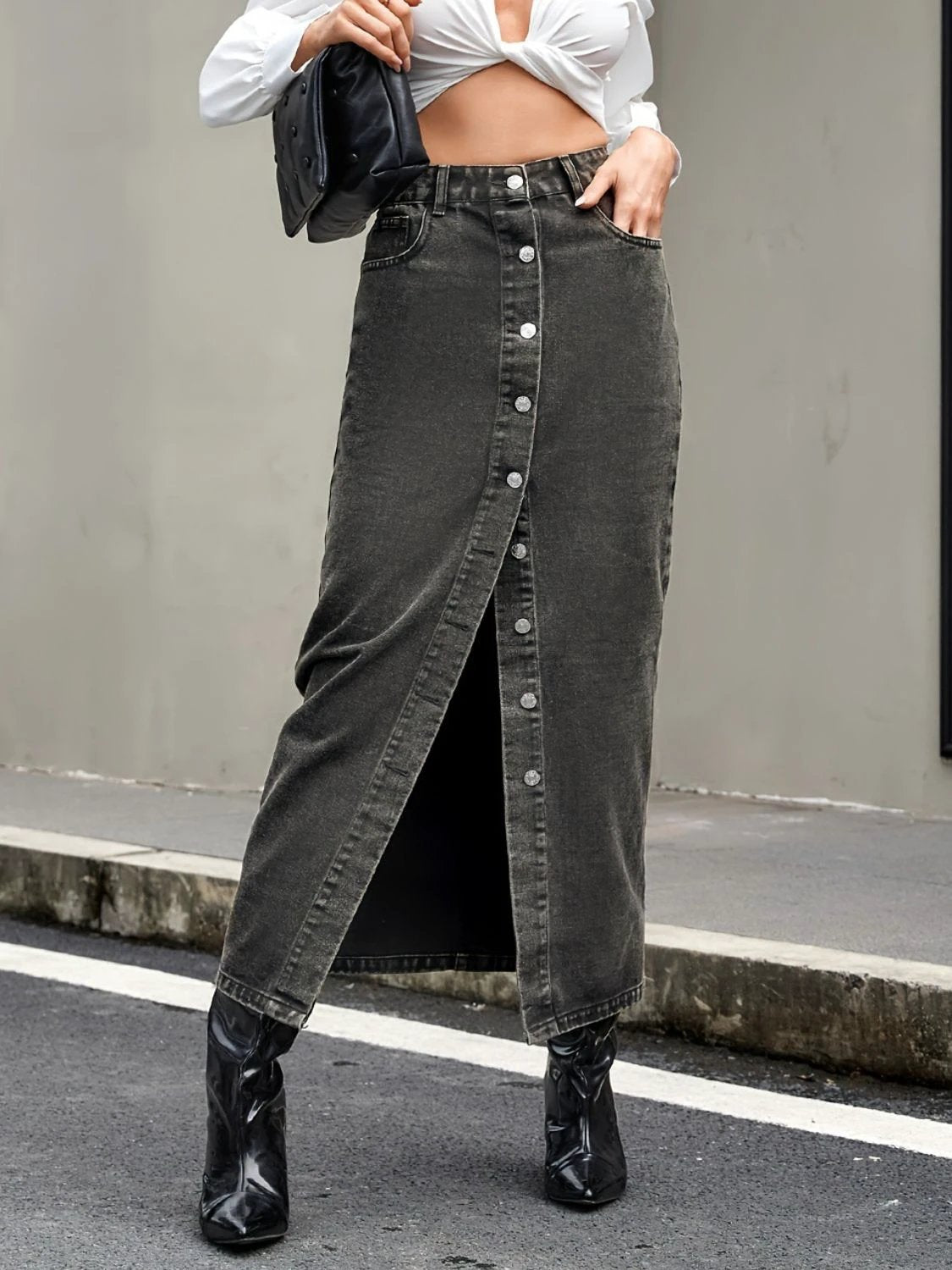 Button Up High Rise Denim Skirt by Lady Ros