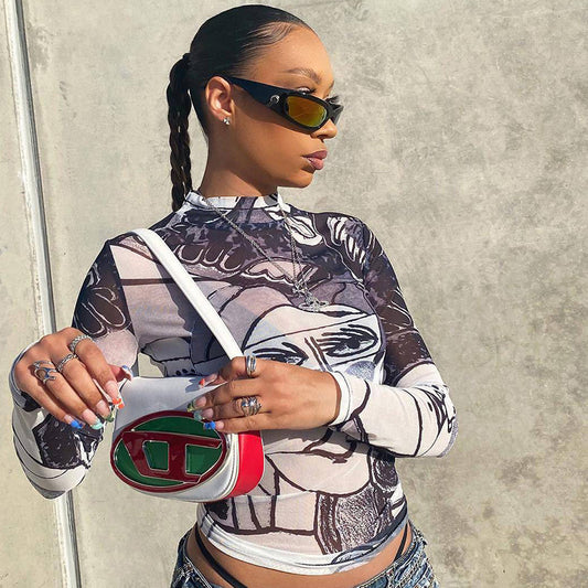 Sheer Mesh Round Neck Long Sleeve Slim-fit Top