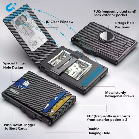Men's Card Holder Large Capacity Flip Carbon Fiber Metal Cartridge