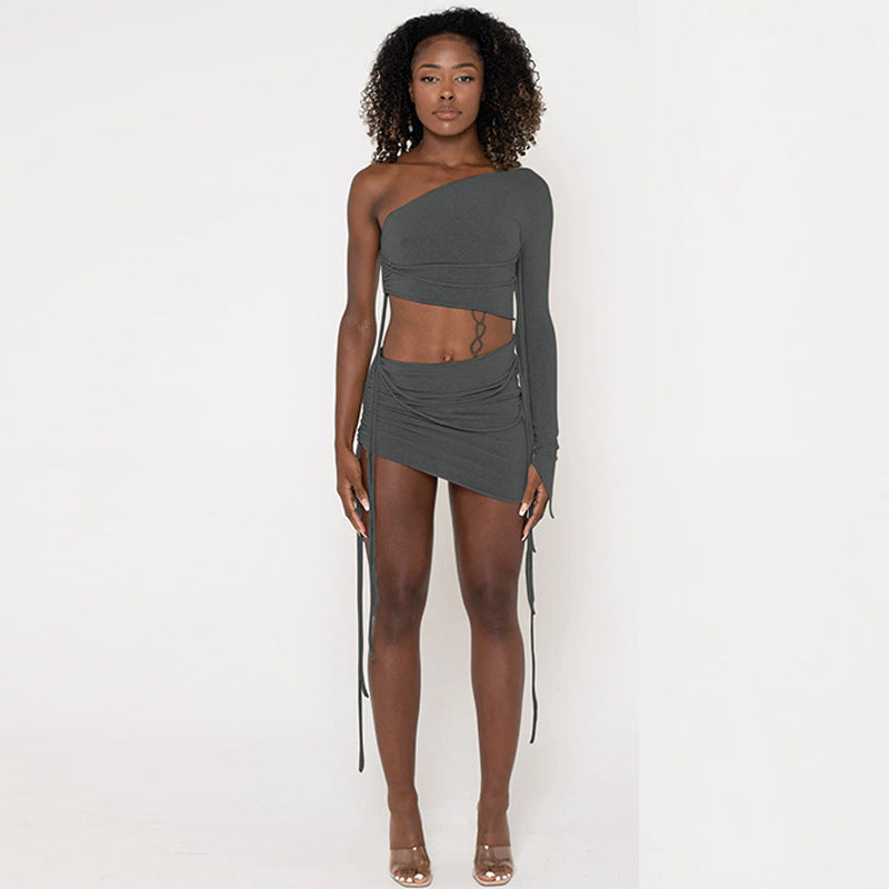 One Shoulder Midriff-baring Top Side Drawstring Skirt Set