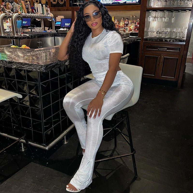 Cross-border European And American Foreign Trade 2024 Fall Women's Clothing New Slim Fit Figure Flattering Short Sleeve Top High Waist Casual Trousers Suit